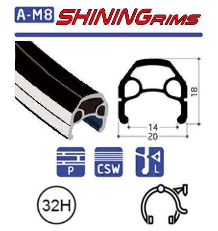 RIM 650C - SHINING A-M8S - 32H - (571 x 14) - Rim Brake - F/V - D/W - MSW - BLACK - (ERD 552)