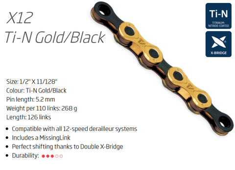 CHAIN - 12 Speed compatible with TRP EVO Drive Train - KMC X12 - 1/2" x 11/128" x 126L - w/Connect Link, Gold/Black,