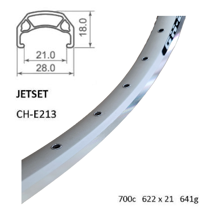 A NEW ITEM - RIM 700c x 21mm - JETSET CH-E213 - 36H - (622 x 21) - Schrader Valve - Rim Brake - D/W - SILVER - Eyeleted - MSW - Quality Jetset rim made in Taiwan - (ERD 605)