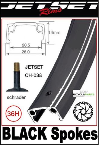 WHEEL - 24" JETSET 36H P/j Black Rim,  8/10 SPEED Q/R (135mm OLD) 6 Bolt Disc Loose Ball Joytech Black Hub,  Mach 1 BLACK Spokes