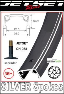 WHEEL - 24" JETSET S/w 36H A/v B/s BLACK Rim, FRONT Q/R (100mm OLD) 6 Bolt Disc Loose Ball Joytech Black Hub, Mach1 SILVER Spokes