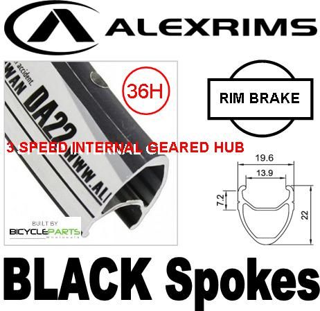 WHEEL - 20" x 1 1/8 Alex DA22 36H S/j Black Rim,  3 SPEED INTERNAL 3/8 Nutted (117mm OLD) Loose Ball Sturmey Silver Hub,  Mach 1 BLACK Spokes