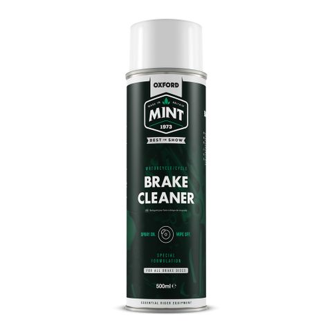 BRAKE CLEANER - Oxford Mint Brake Cleaner 500ml, efficiently removes build-up of brake dust and dirt leaving a decontaminated surface. It’s acetone-free and safe on rubber components