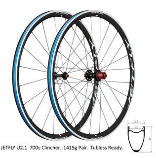 Wheelset 700c Novatec JETFLY U4.0 (clincher) Front & Rear wheels, alloy, 17.0mm ID x 32mm profile, 1,630 grams per pair, 130 mm 3 in 1 rear hub for compat w/shim/sram/camp, tubeless ready, DSN nipples