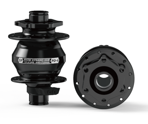 DYNAMO HUB Shutter Precision, PD-6. 6V 3W Output, Front, 32H, 6 Bolt Disc, 15mm x 100mm Thru Axle, BLACK
