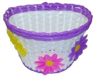 A NEW ITEM - BASKET - Front, Kids, White with Purple Strip & Large Flowers