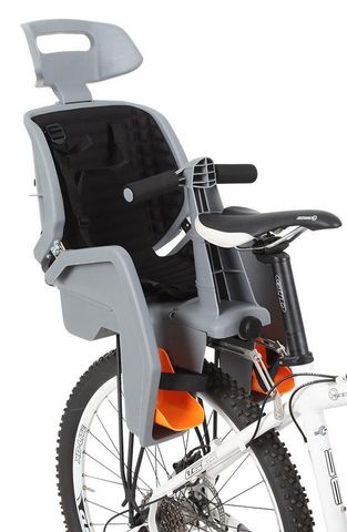 BABY SEAT - GREY Beto Deluxe, Suits  27.5  Disc Bikes, 3 Point Safety Harness, Includes BLACK Rack, NOT for rear suspension bikes