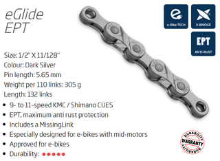CHAIN - 9/10/11 CUES - KMC eGLIDE - 132L - DARK SILVER - EcoPro TeQ Coating - X-Series - w/Connect Link