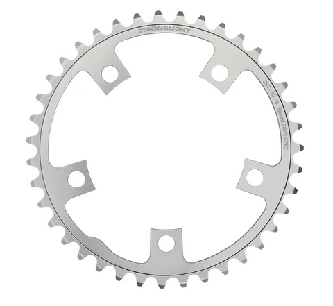 `A NEW ITEM - CHAINRING - ROAD "STRONGLIGHT", 39T, 7075 CNC SILVER - 110mm BCD, 5 Hole for 2 x 9/10 Spd