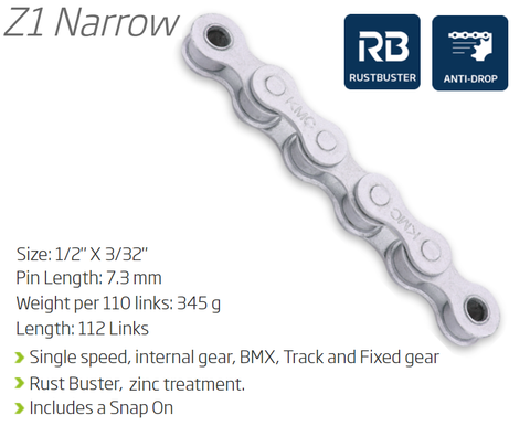 CHAIN - Single Speed - KMC Z1 - 112L - GREY - Rust Buster - w/Connect Link