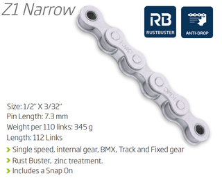 CHAIN - Single Speed - KMC Z1 - 112L - GREY - Rust Buster - w/Connect Link