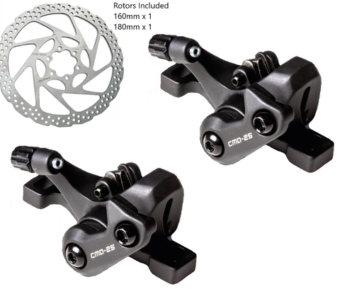 DISC BRAKE set, E-Bike mechanical,  CNC one piece calipers w/sintered pads FRONT & REAR, IS & PM compat, (1 x 180mm & 1 x 160mm rotor included) - Quality Clarks product