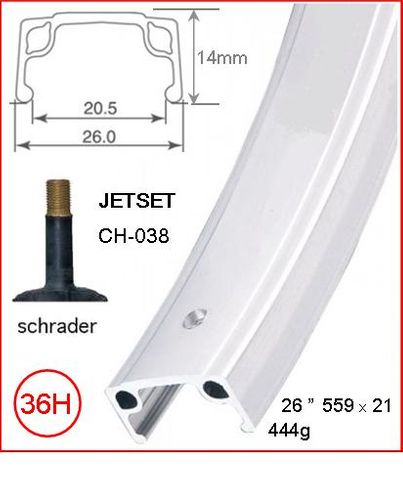 RIM 26" x 21mm - JETSET CH-038 - 36H - (559 x 21) - Schrader Valve - Rim Brake - S/W - SILVER - Quality Jetset rim made in Taiwan - (ERD-546)