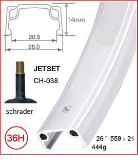 RIM 26" x 21mm - JETSET CH-038 - 36H - (559 x 21) - Schrader Valve - Rim Brake - S/W - SILVER - Quality Jetset rim made in Taiwan - (ERD-546)