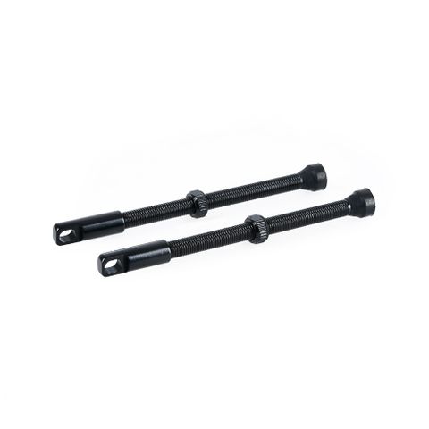 TUBELESS VALVES - Tubeless Alloy Valves 80mm Black, 2 per card, removable valve cores, fits up to 9mm valve drilling - Oxford Product