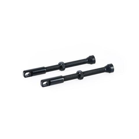 TUBELESS VALVES - Tubeless Alloy Valves 60mm Black, 2 per card, removable valve cores, fits up to 9mm valve drilling - Oxford Product