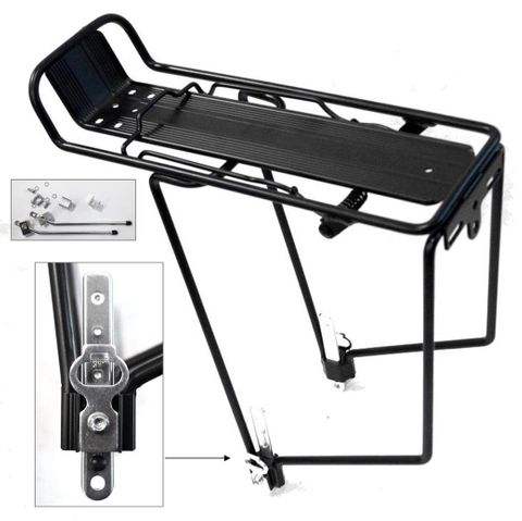CARRIER - Rear Carrier, For 26"-28" Bikes, With Spring Bow, Top Plate, Fittings 15cm Long, Alloy, BLACK