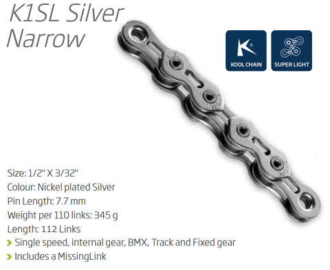 CHAIN - Single Speed - KMC K1SL - 112L - SILVER - w/Connect Link