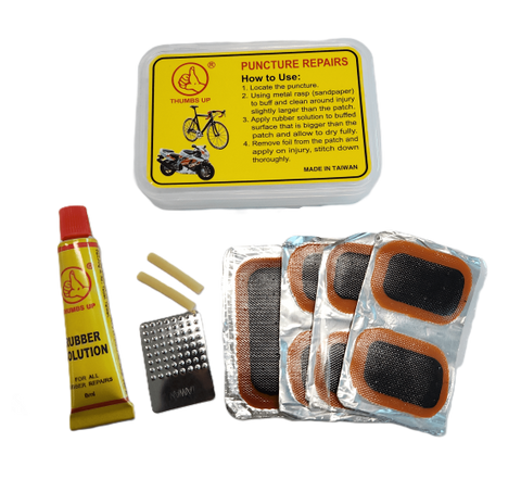 Puncture Repair Kit - 7 Patches, Rubber Solution, Valve Rubber & Metal Grater