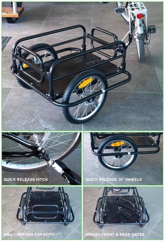 Bicycle Cargo trailer. Steel Frame.  Folds flat, 16' wheels-quick release, Capacity:60kgs, Loading size:67*45*25cm
