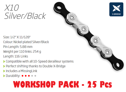 CHAIN WORKSHOP BOX - 10 Speed - KMC X10 - 116L - SILVER/BLACK - X-Series - w/Connect Link - Includes 25 Chains