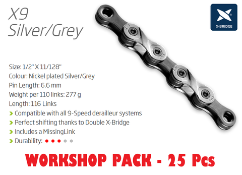 CHAIN WORKSHOP BOX - 9 Speed - KMC X9 - 116L - SILVER/GREY - w/Connect Link - Includes 25 Chains