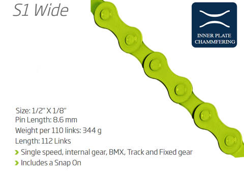 CHAIN - Single Speed - KMC S1 - 112L - GREEN - w/Connect Link