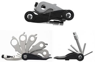 Folding MULTI Tool, 19 functions - hex keys, ring spanners, T25, Chain tool, tyre levers, spoke keys, + & - screwdrivers,  Made in Taiwan