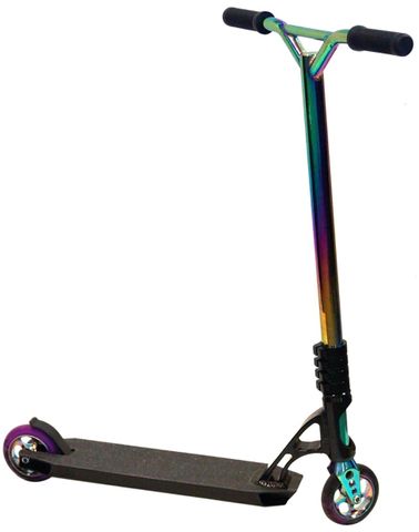 SCOOTER  Park, Metal Heat, 7005-T6 alloy deck with integrated headtube, 6061-T6  CNC fork,  4 bolt clamp, 34.9mm 4130 chromoly bar, 110mm alloy core wheel with abec-11 bearing