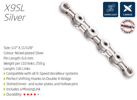 CHAIN - 9 Speed - KMC X9SL - 116L - SILVER - X-Superlight - w/Connect Link