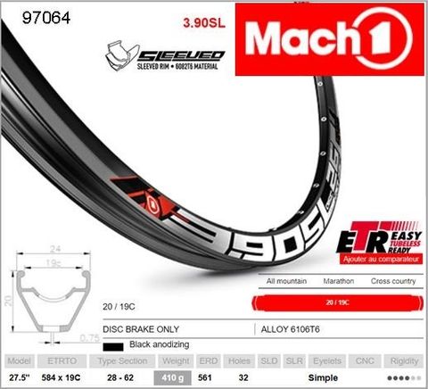 RIM 27.5/650B x 19mm - Mach1 3.90 SL - 32H - (584 x 19) - Presta Valve - Disc Brake - D/W - BLACK - Eyeleted - Tubeless Ready - Made in France - (ERD 561)