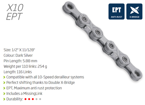 CHAIN - 10 Speed - KMC X10 EPT - 116L - DARK SILVER - EcoPro TeQ Coating - X-Series - w/Connect Link