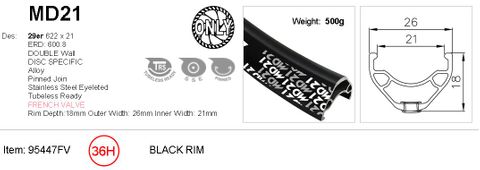 RIM 29er x 21mm - ALEX MD21 - 36H - (622 x 21) - Presta Valve - Disc Brake - D/W - BLACK - Eyeleted - Tubeless Ready