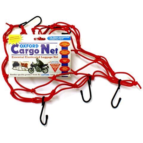 CARGO NET - Strong elasticated webbing, nylon coated, hardened steel hooks, 12" x 12", RED   - Oxford Product