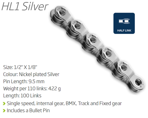CHAIN - Single Speed - KMC HL1 - 100L - SILVER - w/Connect Pin - (Half Link Chain)