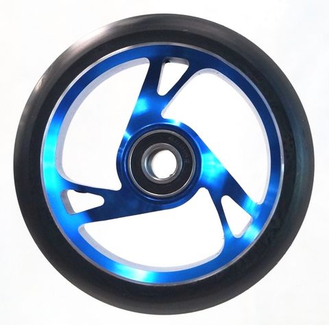 Scooter Wheel, Alloy Core, 125mm Diameter. 30mm Wide. incl abec-9 bearing. Suit 12mm Axle, BLUE  core