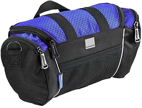 SAHOO Handlebar bag, compact 5 L capacity, 4 pockets, velcro attach L32,W11/H17cm, Black with blue top