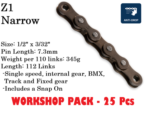 CHAIN WORKSHOP BOX - Single Speed - KMC Z1 - 112L - BROWN - w/Connect Link - Includes 25 Chains