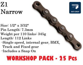 CHAIN WORKSHOP BOX - Single Speed - KMC Z1 - 112L - BROWN - w/Connect Link - Includes 25 Chains