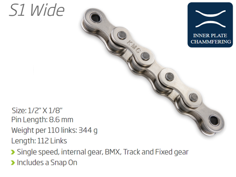 CHAIN - Single Speed-1/2 x 1/8  - KMC S1 - 112L -  SILVER   - (Chrome Look) - w/Connect Link