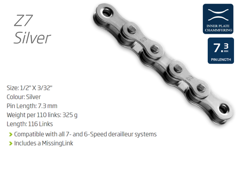 CHAIN - 6-7 Speed - KMC - Z7 - 116L - SILVER - w/Connect Link