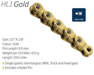 CHAIN - Single Speed - KMC HL1 - 100L - GOLD - w/Connect Pin - (Half Link Chain)