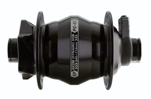 DYNAMO FRONT HUB  Shutter Precision, PD-8X-110. 15mm Thru Axle BOOST (110mm OLD) 32H, 6 Bolt Disc, 6V 3W Output, BLACK