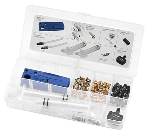 Tektro. HYDRAULIC, workshop service kit; syringe x 2 , hose retainer x 25, compression ferrules x 50, brass inserts with O-ring x 50, hose cutter x 1, stop block x 1