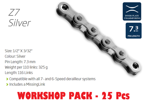 CHAIN WORKSHOP BOX - 6-7 Speed - KMC - Z7 - 116L - SILVER - w/Connect Link - 25 Chains - Includes 25 Chains