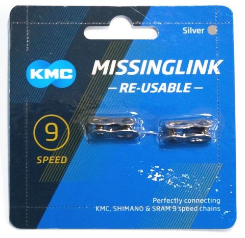 Connecting Link, KMC Card of 2 for 1/2" x 11/128" 9 SPEED chain, Silver.