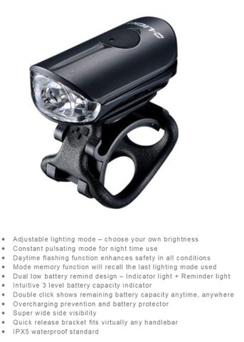 LIGHT  Front,  4 function, 100Lumen "Daytime Flash" w/USB cable, compact sizing, weighs only 19g, Batt remaining indicator light, add item 8383 for "go-Pro" mounting, Quality D-Light product