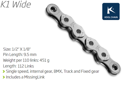CHAIN - Single Speed - KMC K1 - 112L - SILVER - w/Connect Link, 1/2" x 1/8" x 112L