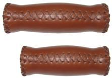 Handlebar Grips, Classic RETRO,  Hand stitched, Brown, w/plugs, (92mm + 127mm length)