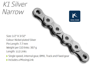CHAIN - Single Speed - KMC K1 - 112L - SILVER - w/Connect Link